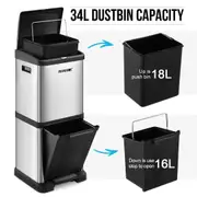 34L Rubbish Bin Pedal Dustbin Kitchen Waste Garbage Trash Can Household Stepbin Dual Two Layer Press Top