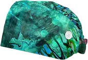 [WOSHJIUK] Working Hat 2 Pack Scrub Caps for Women,Abstract Blue Peacock,Tie Back Cap Adjustable Scrub Hat