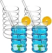 4Pcs Iced Coffee Glass 500ML Bubble Drinking Glass with Straw Wide Opening Drinking Glassware Elegant Ribbed Glassware Dishwasher Safe for Cocktail Soda Juice(Transparent)
