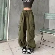 High Waist Pocket Loose-Fit Wide-Leg Cargo Pants Army Green - L