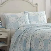NEW! ~ COZY ROMANTIC SHABBY CHIC ELEGANT BLUE GREEN WHITE ROSE LEAF QUILT SET