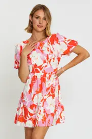 Print Mini Dress Short Sleeve - Size 14, Women's Skater Dress
