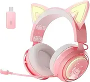 SOMIC 2.4G Pink Cat Ear Headsets GS510 Wireless Gaming Headphones with RGB Light, Stereo Sound，Retractable Mic Noise Cancelling, 10H Playtime for PS5/ PS4/ PC