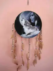 Handmade 9 in Southwestern Drum Howling Wolf & Young Warrior Drumstick feathers