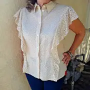 Theory Nova Eyelet Ruffle Sleeve Button Front Cotton Blouse Top beige sz XL