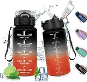 KollyKolla Sports Bottle, 500 ml, Leak-Proof with Time Marking, Water Bottle with Straw, Sports, Fitness, Outdoor Activities, On-The-Go Use, Plastic, 500 ml, Black + Red
