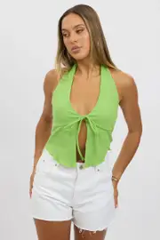 Green Halter Neck Top Rib - Size 16XL, Women's Top