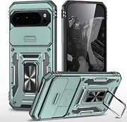 [Ylzhe] for Pixel 9 Pixel 9 Pro Case with Slide Camera Cover 360° Kickstand Ring Holder,Heavy Duty Protective Shockproof Phone Back Military Grade Protective Cover for Pixel 9 Pixel 9 Pro Green