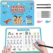 D-FantiX 4 in 1 Large Magic Groove Practice Copybook, Reusable Grooved Handwriting Workbooks, Number Alphabet Tracing Books for Kids Ages 3-8, Handwriting Practice for Kids Kindergarten Preschool