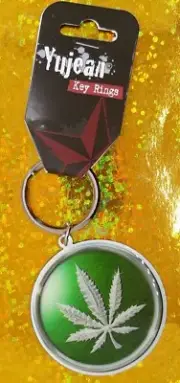 Chrome Pot Leaf Green Background Metal and Enamel Key Ring - Yujean 2012