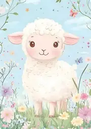 Happy Little Lamb in Field of Flowers Nursery Kids Room Wall Art Print 8.5"x11"