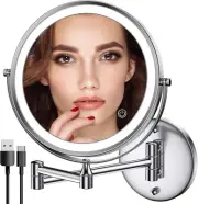 Rechargeable Wall Mounted Lighted Makeup Mirror Chrome 8 Inch Double Sided