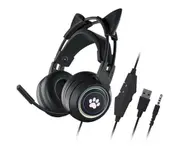 Gaming Headset RGB Light PC Wired Stereo Headphones Pink Cat Ear with Microphone for Laptop/ PS4/Xbox One Controller - Black