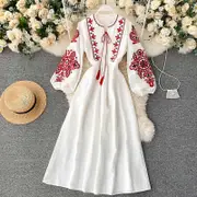 National Style Elegant One Piece Dress Women Flower Print Vintage Party Midi Dress Female Loose Fashion Retro Design Dresses 2024 white M