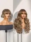 Glueless Wavy Wig with Bangs Balayage Blonde Synthetic Curtain Bang Wig with ...