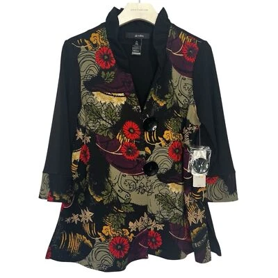Ali Miles Floral Lagenlook Artsy Jacket PS Black Ruffle 3/4 Sleeve 2 Button Boho
