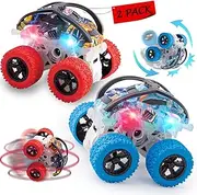 [PELOSTA] Car Toys for 2 3 4 5 6 Year Old Boys,2 Pack Monster Truck Toy with Lights,4WD Push and Go Inertia Cars,360°Rotation Pull Back Vehicle,Cool Toys for Kids Age 2-6 Christmas Birthday Party Gift