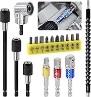 Glarks 24Pcs Flexible Drill Bit Extension Set, 105° Right Angle Drill, Bendable Drill Bit Extension, Rotatable Joint Socket 1/4" 3/8" 1/2" Universal Socket Adapter, Drill Bit Holder Screwdriver Kit