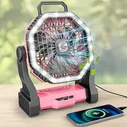 Roykaw Portable Camping Fan with 10400 mAH Rechargeable Battery, 36 Hrs Work, Ultra-bright LED Light & Cordless, Fit for Tent, Fishing, Bedroom, Office, Hurricane, Pink