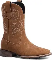 [Lumeheel] Cowboy Boots for Men - Western Men's Boots with Classic Embroidered, Slip on Square Toe Boots, Slip Resistant Country Boots Chunky Heel Ankle, Durable Short Boots for Spring Fall, Tan, 10.5