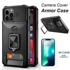 For iPhone 13 Heavy-Duty Case with Card Holder Ring Kickstand +Glass Screen Film