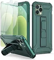 [ORETECH] Compatible with iPhone 12 Case, iPhone 12 Pro Case with[2 x Tempered Glass Screen Protectors][Built-in Kickstand]Shockproof 360 Full Body Protective Silicone Bumper Cover-Darkgreen - Darkgreen