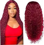 Lace Front Wig 24in Natural Breathable Middle Part Synthetic Long Wavy Wig for Daily, Cosplay, Makeup, Photography, Wine Red