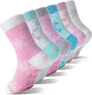[EBMORE] Kids Fuzzy Slipper Socks Warm Winter Snowflake Socks Girls Boys Soft Cabin Cute Cozy Fluffy Socks（Snowflake，8-12 Y）