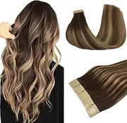 DOORES 20pcs 50g Tape in Hair Extensions Real Hair Balayage Chocolate Brown to Caramel Blonde Remy Human Hair Extensions Tape in Natural Hair Straight Skin Weft 55cm