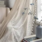 JOOJA Boho Lace Curtains 2 Panels Beige Lace Sheer Curtains with Crochet Semi Sheer Vintage Lace Curtains for Living Room Bedroom, Farmhouse, Bohemian Style Modern Boho Curtains (Crochet Beige, 59x84)