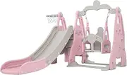 Keezi Kids Slide Swing Set with Basketball Hoop, 3 in 1 Climbing Frame Cubby House Toddler Fold Up Cardboard Slides Playground Outdoor Indoor Activity Sports Center Gym, Ball Pump Pink