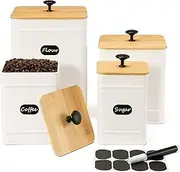 PERFNIQUE Kitchen Canisters, Canister Sets for Kitchen Counter, Farmhouse Kitchen Canisters for Countertop Set of 4, Coffee Tea Sugar Flour Spice Tin Jars Food Storage Container with Lid (White)