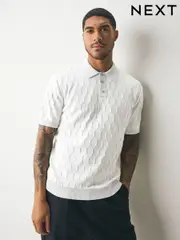 Light Grey Regular Fit 100% Cotton Short Sleeve Geometric Pattern Knit Polo Shirt (AT8094) | $58