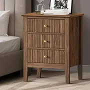 [OIKITURE] Bedside Table with 3 Drawers Lamp Table Storage Cabinet Nightstand Walnut