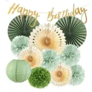 Green Birthday Decorations Beige Tissue Paper Pom Poms Fans Lanterns Green Sage
