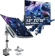 AVLT Dual Heavy-Duty Monitor Arm Desk Mount for 13"-32" Small Screens, Extra-Tall Pole, Gas Spring Full Motion Adjustable Height, Swivel, Tilt, Rotation, USB 3.0 & AUX Ports, VESA Compatible - Silver