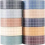 YUBX 10 Rolls Vintage Washi Tape Set 15mm Wide Grid Masking Decorative Tapes for Bullet Journals, Planners, Scrapbooking, Gift Wrapping, DIY Crafts (Fog City)