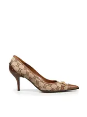 Brown Leather & Canvas Horsebit Detail Pumps