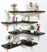 Corner Shelf Wall Mounted, Set of 4, Floating Shelves, 16.3 Inches Black Gold
