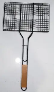 Grill Meat, Veggie Turnover Cage Holder w/Wooden Handle campfire,fire pit/place