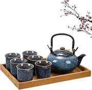 Ssumght Japanese Tea Set Asian Tea Set for Adults with 1 Teapot 6 Tea Cups 1 Tea Tray Traditional Portable Japanese Kiln Altered Glaze Porcelain Tea Set for Tea Lover/Women/Men (Blue)