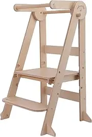My Duckling Kids Foldable Learning Tower,Folding Kitchen Helper Tower,Foldable Standing Tower,Folding Step Stool,Adjustable Step Ladder (Natural)