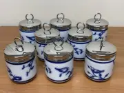WILLIAMS SONOMA SET OF 8 Egg Coddlers Blue & White Bird Floral w/Lids Jars NEW
