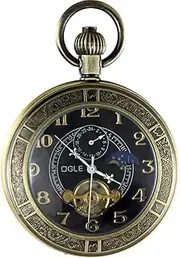 [OGLE] Waterproof Luminous Magnifier Tourbillon Moon Sun Chain Fob Self Wind Automatic Mechanical Pocket Watch