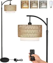 Arc Floor Lamp for Living Room with 3 Color Temperatures, Farmhouse Floor Lamps with Remote & Dimmable Bulb, Boho Standing Lamp with Rattan & Fabric Shades, Adjustable Tall Lamp for Bedroom