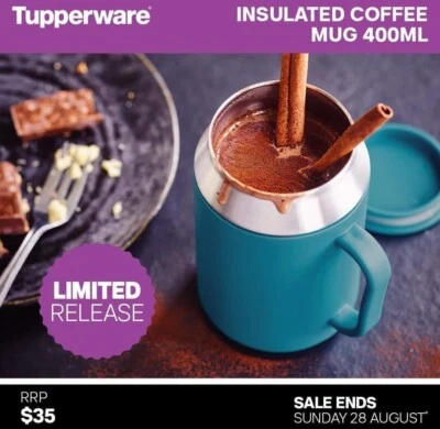 NEW Tupperware 400ml Insulated Coffee Mug Cup with Handle Peacock Blue