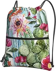 EdWal Cactus Succulent Rose Print Drawstring Backpack Gym Bags Sports Bags With Zipper Pocket For Travel Beach, Black, One Size