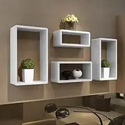 Elegant White Cuboid Wall Shelf Set of 4, Modern Floating Storage Shelves for Bedroom Bathroom Living Room, Mounted Display & Decorative Organization