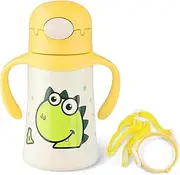 wooshwa Dinosaur Stainless Steel Sippy Cup with Adjustable Strap, Kids Water Bottle with Handles, Insulated Toddler Cup for Sports Travel 12oz (Yellow)