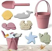 YiYeraio 9Pcs Silicone Beach Toy Set, Red, Sandbox Toys, Beach Bag, Sand Molds, Shovel, Bucket